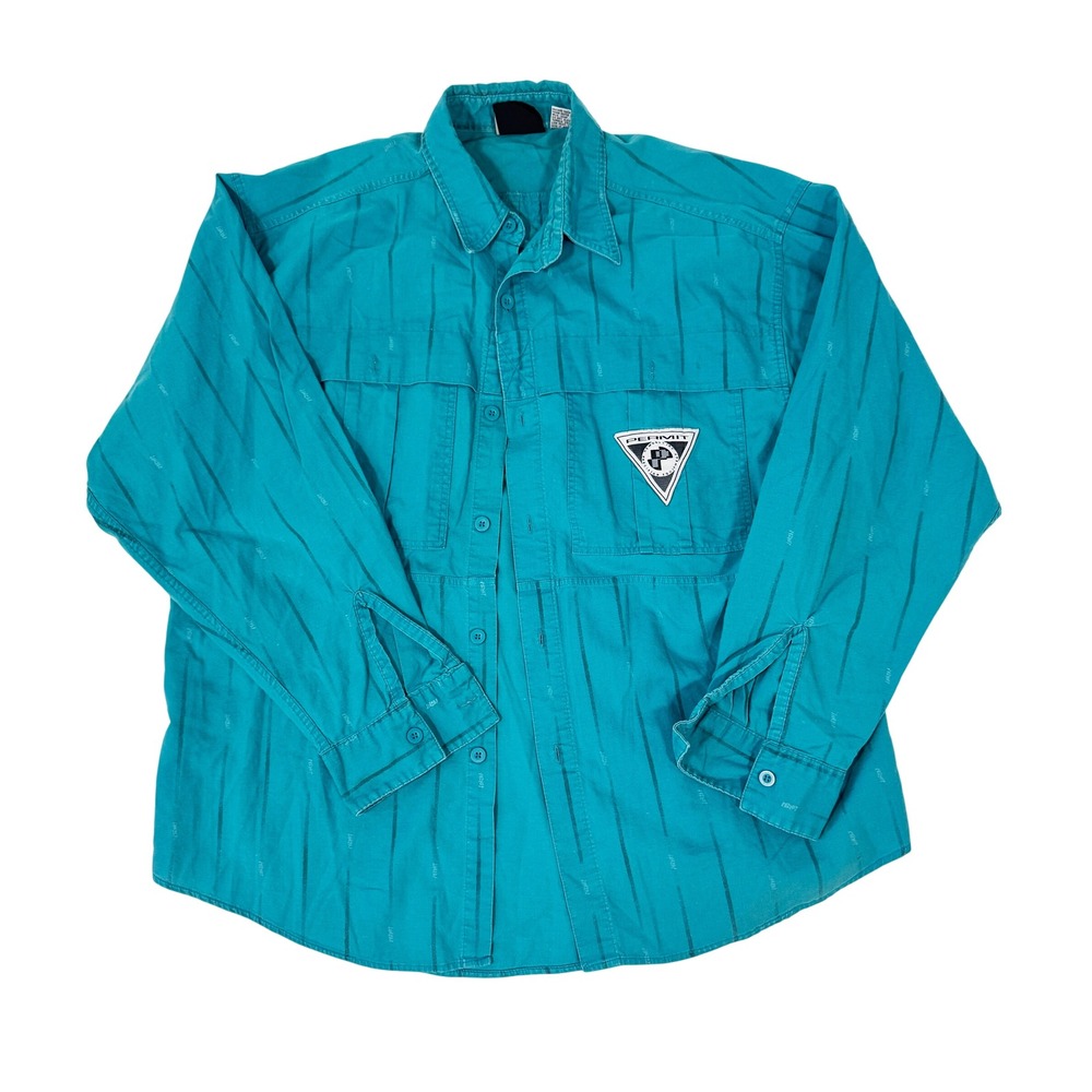 Vintage Permit Shirt Mens L Turquoise Long Sleeve Button Up Cotton‎ 90s